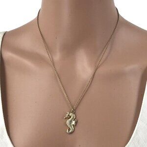 The Limited Seahorse Pendant Necklace Gold Tone Rhinestone Inlay Adjustable Leng